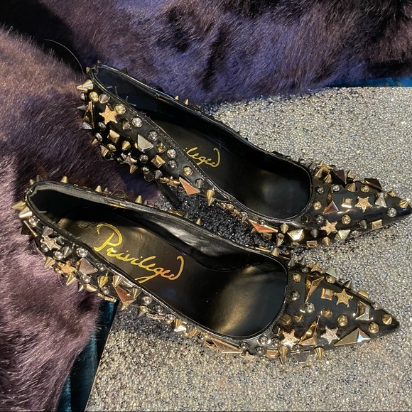 Black Leather Gold Studded Stilettos - Picture 4 of 5